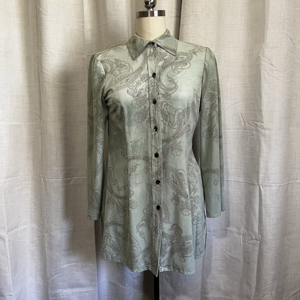 FL Malik Paisley Sage Green Button Down Tunic Top Suede Made‎ In USA Sz M Womens